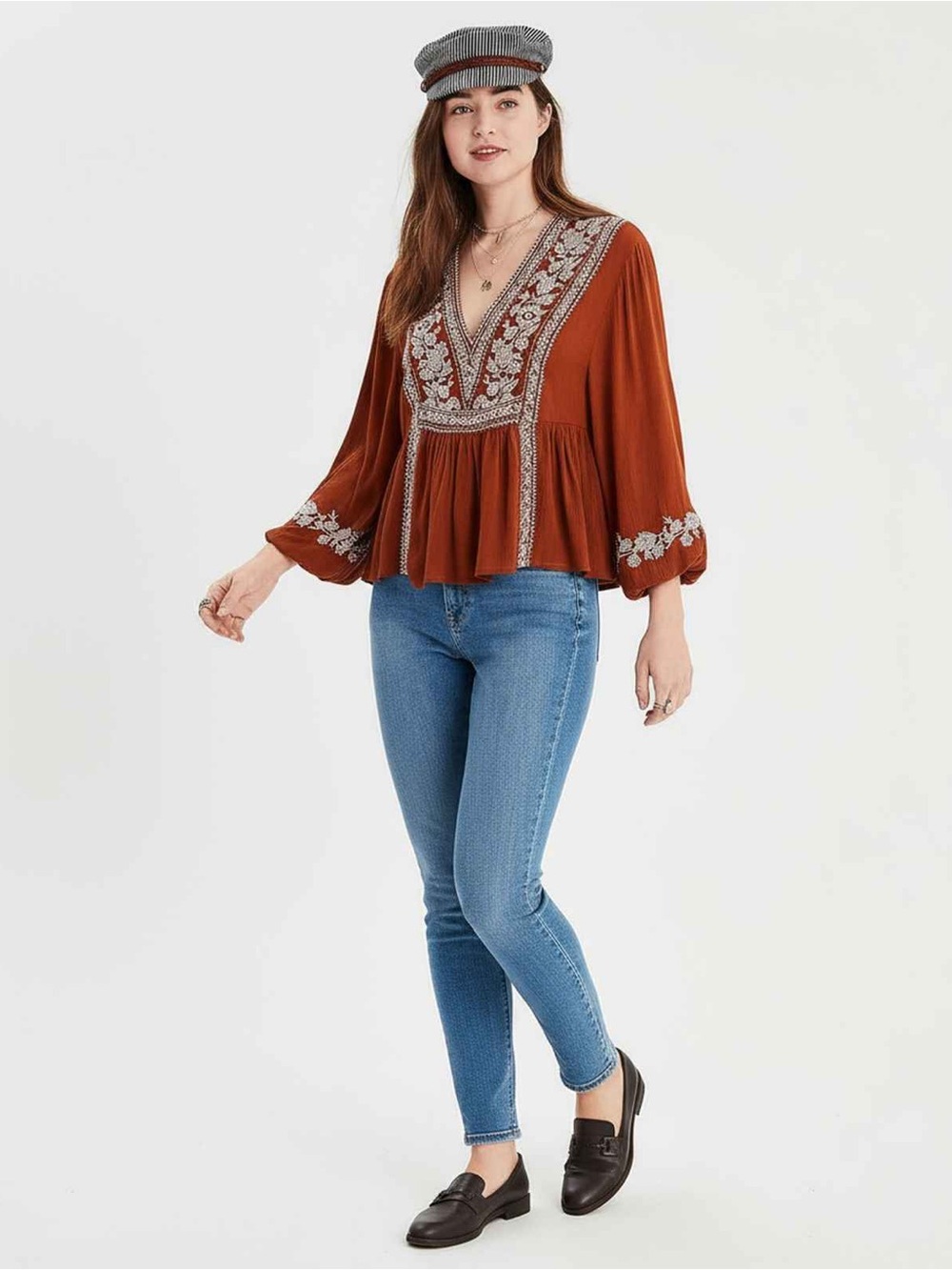 American Eagle XS Rust Brown Embroidered Peasant Blouse Balloon Sleeve Boho